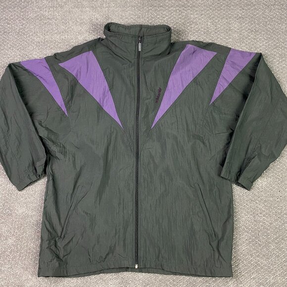 Vintage 90s Adidas Windbreaker Jacket Men's Large Full Zip Black Purple Nylon - Picture 1 of 13
